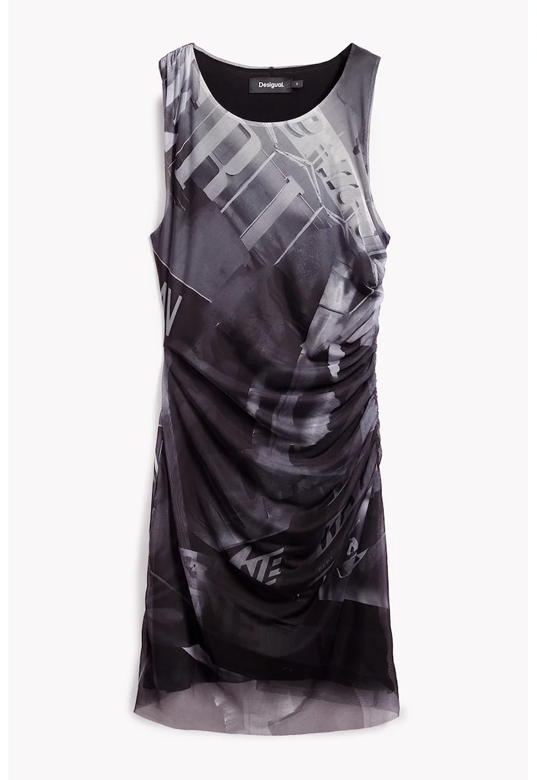 Rochie cu imprimeu si strat exterior din plasa, Alb/Gri antracit