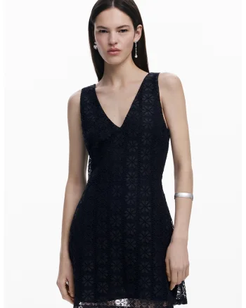 Rochie scurta cu dantela cu model floral, Negru