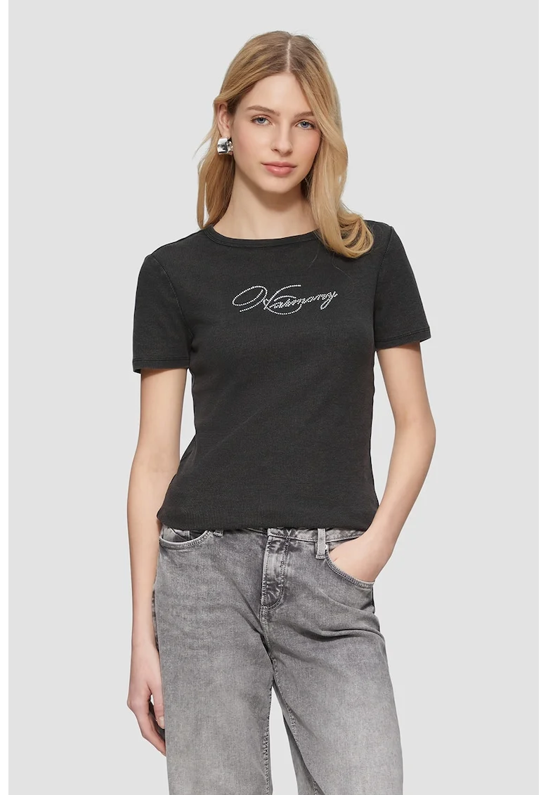 Tricou slim fit cu striatii si strasuri, Negru