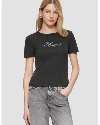 Tricou slim fit cu striatii si strasuri, Negru