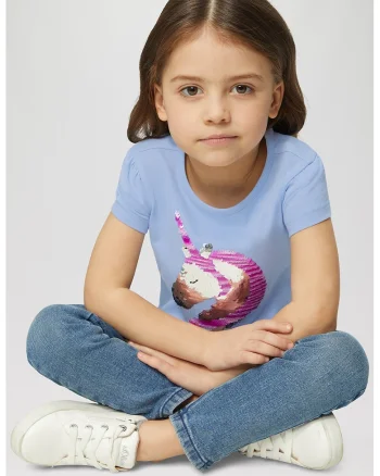 Tricou cu decolteu rotund si paiete, Albastru pastel/Roz deschis