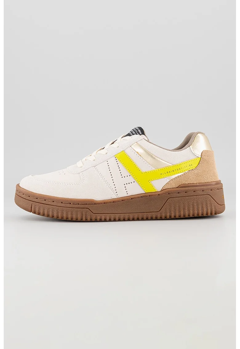 Pantofi sport de piele cu garnituri de piele intoarsa, Maro/Verde lime/Bej deschis