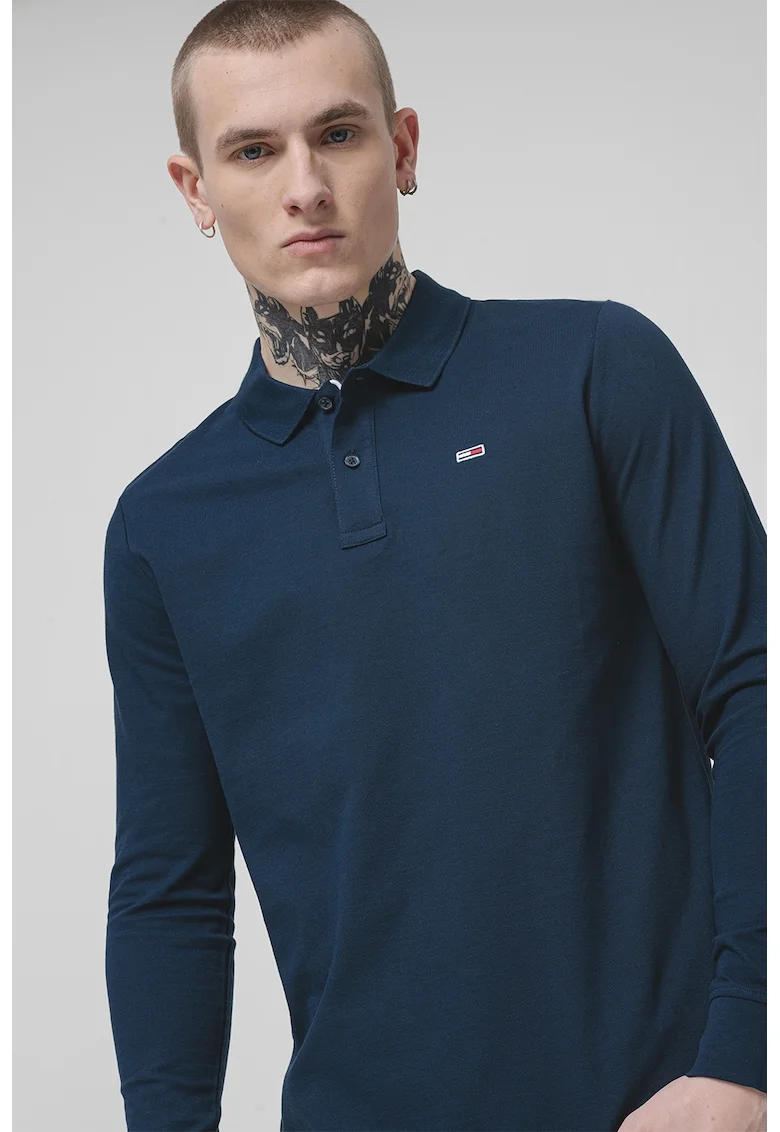 Bluza polo cu model uni, Bleumarin