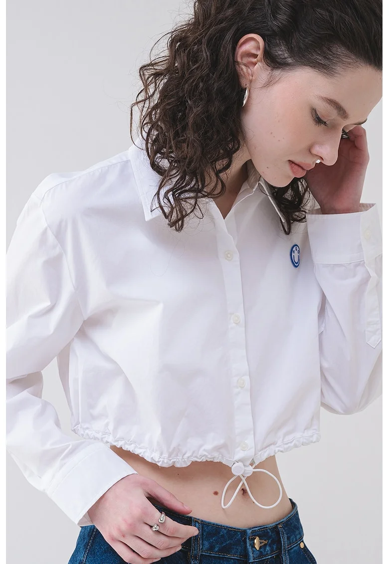 Camasa crop de bumbac Emma, Alb optic/Albastru