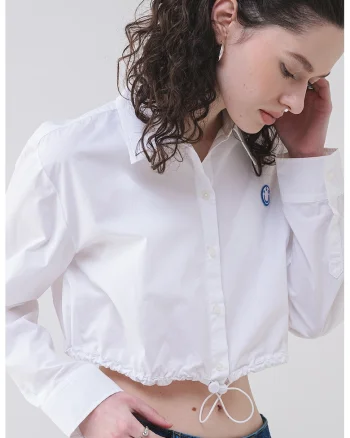 Camasa crop de bumbac Emma, Alb optic/Albastru