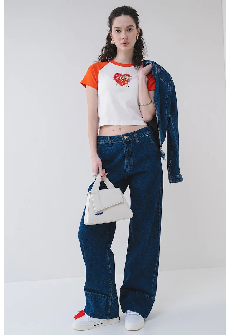 Tricou crop din bumbac Dorra, Rosu/Portocaliu mandarina/Alb optic
