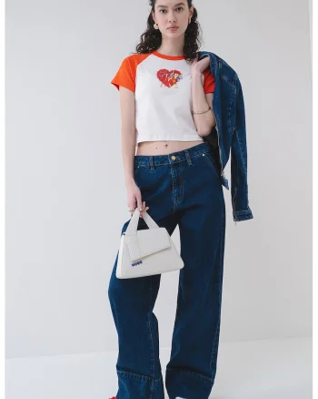 Tricou crop din bumbac Dorra, Rosu/Portocaliu mandarina/Alb optic