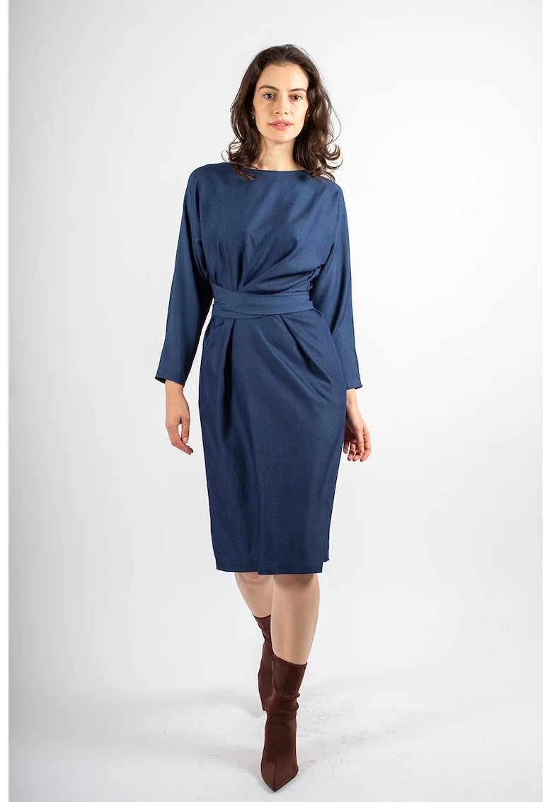 Rochie asimetrica cu pliuri Beatrice, Albastru inchis