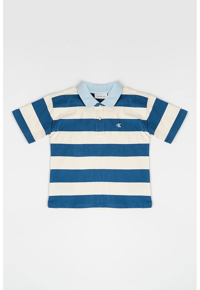 Tricou polo in dungi, Alb fildes/Albastru royal