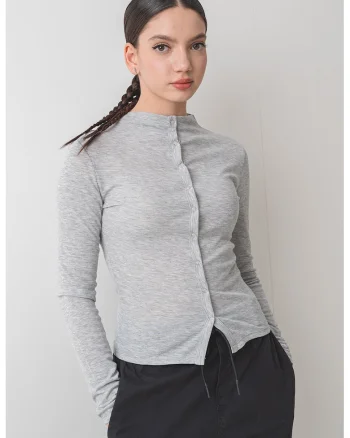 Bluza slim fit cu capse, Gri deschis