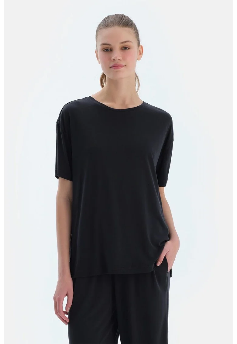 Tricou din amestec de modal cu decolteu la baza gatului, Negru