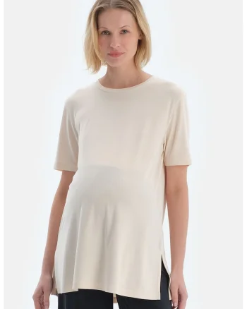Tricou din amestec de modal cu slituri laterale, Alb fildes