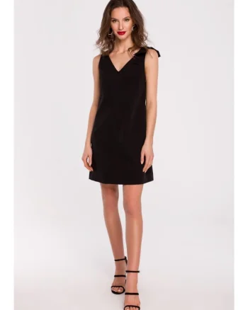 Rochie neteda cu funda pe umar - negru,