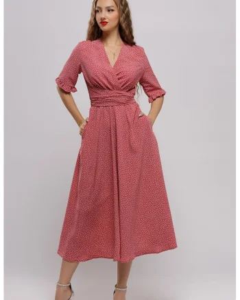 Rochie midi petrecuta cu model, Roz prafuit