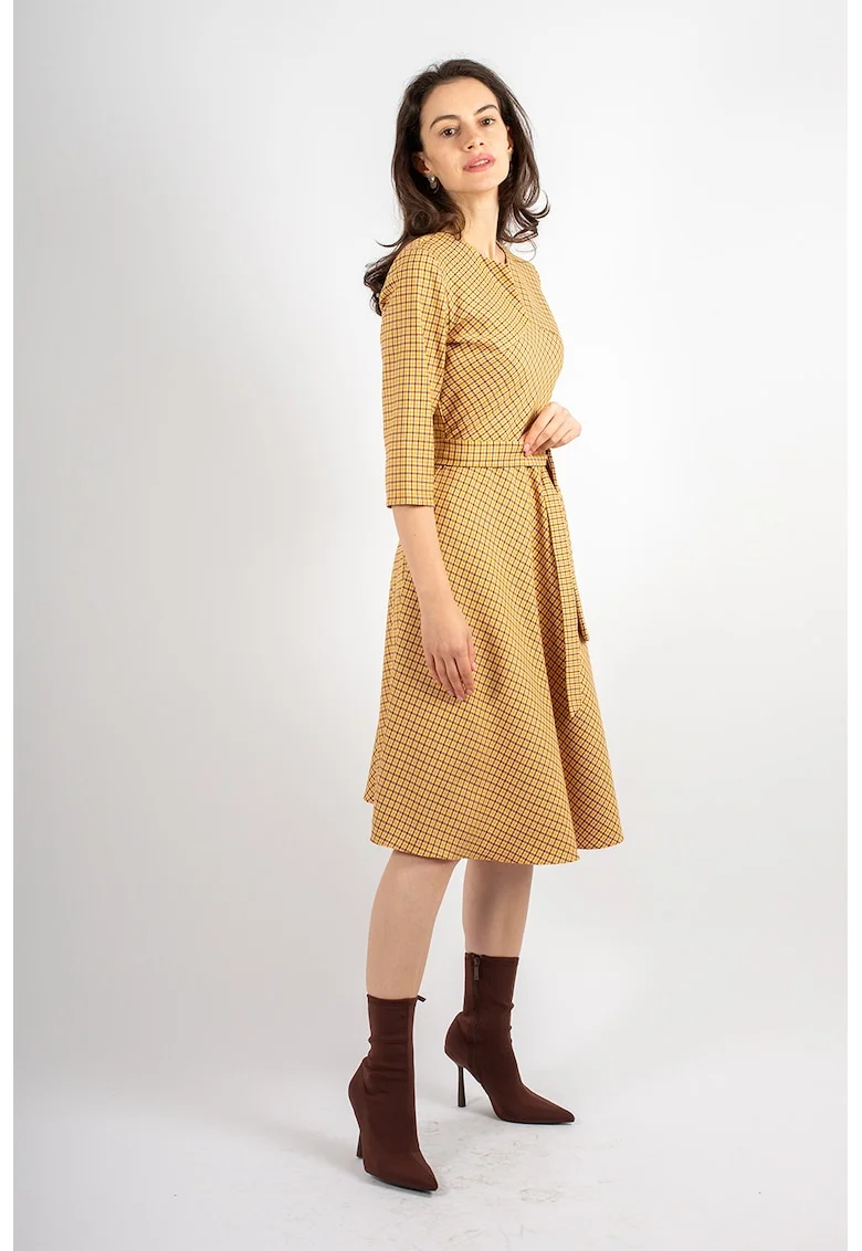 Rochie midi in carouri Victoria, Maro/Galben inchis