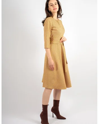 Rochie midi in carouri Victoria, Maro/Galben inchis