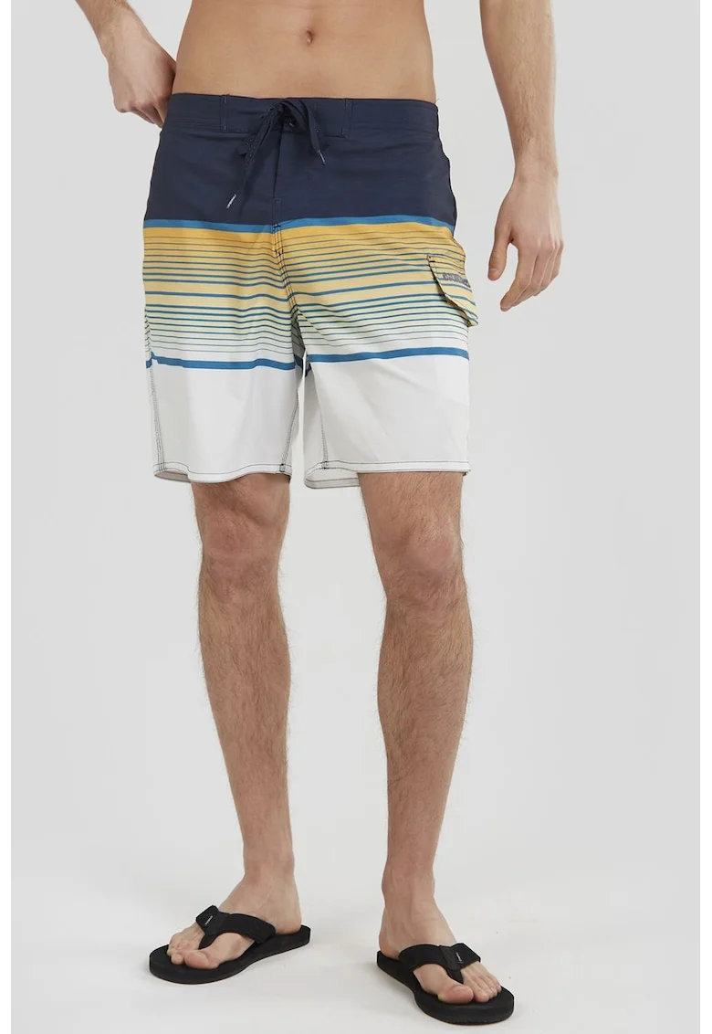 Pantaloni scurti de baie cu model in dungi Salimu, Alb/Bleumarin
