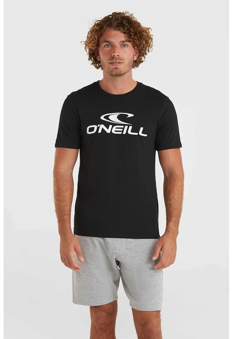 Tricou de bumbac cu decolteu la baza gatului si imprimeu logo, Negru