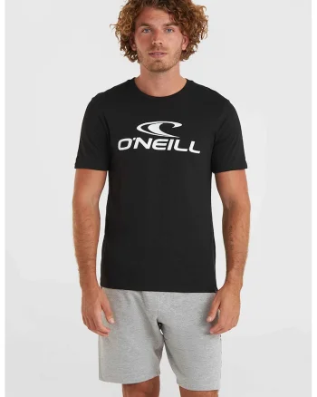 Tricou de bumbac cu decolteu la baza gatului si imprimeu logo, Negru