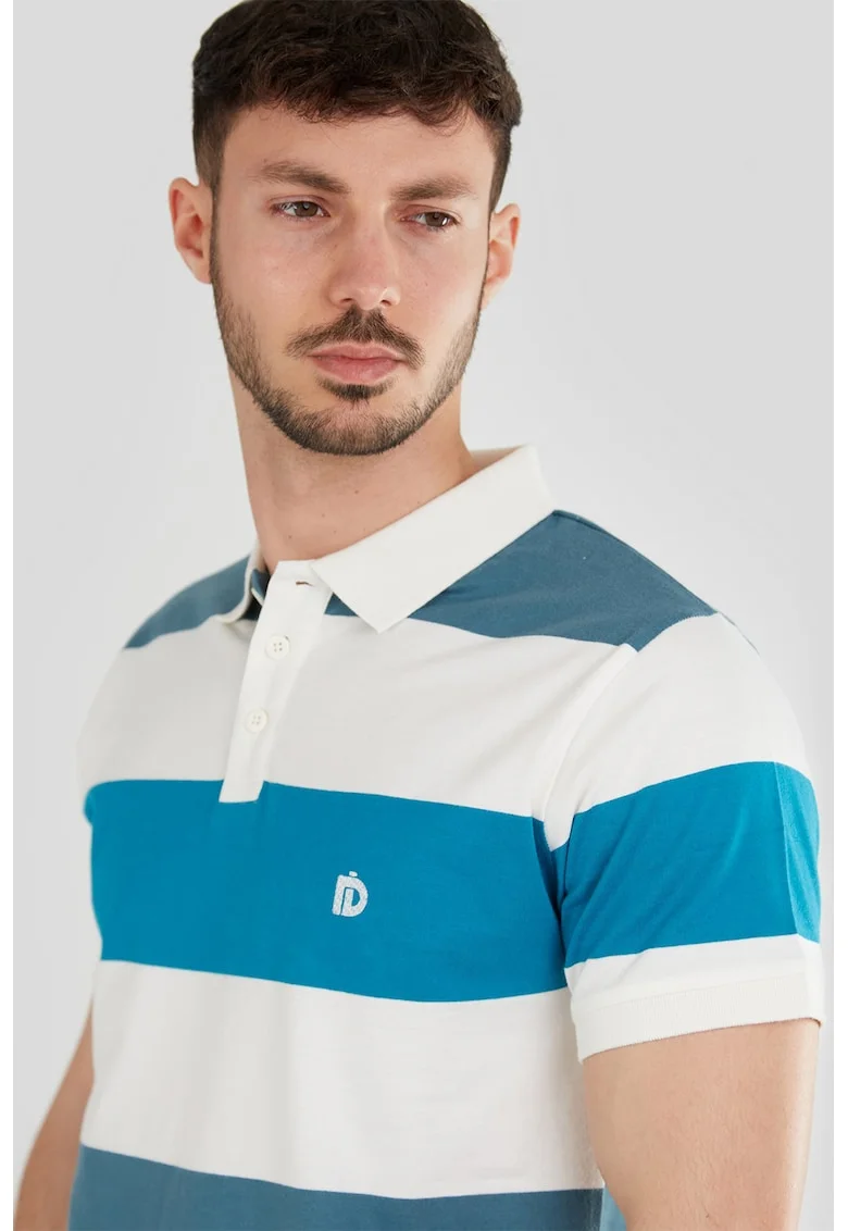 Tricou polo regular fit cu model in dungi, Alb/Albastru