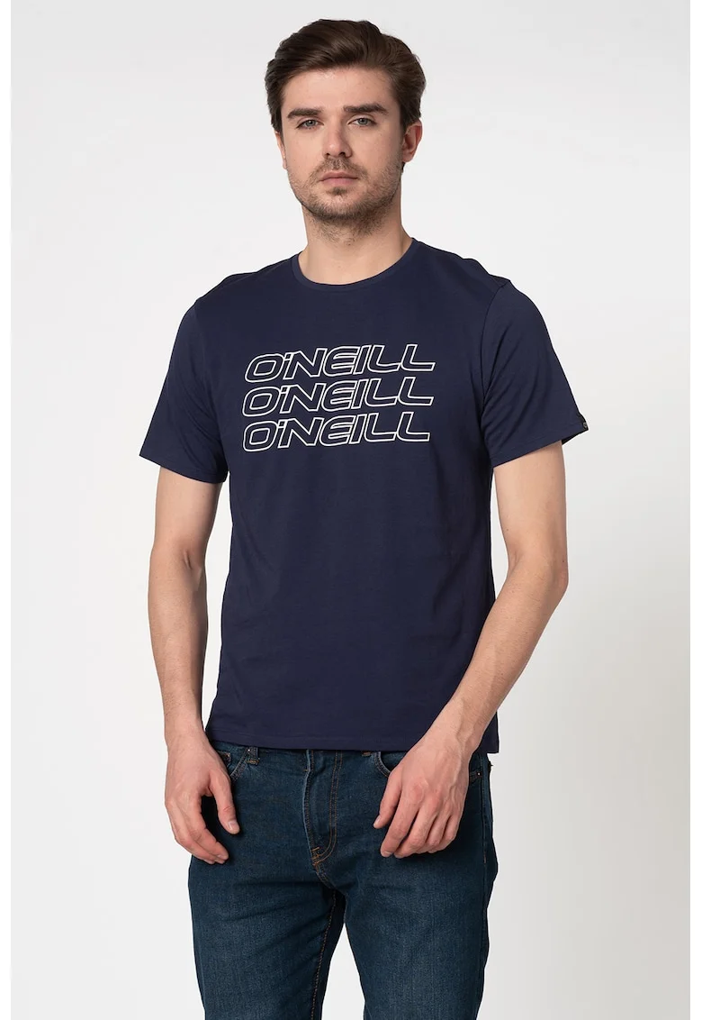 Tricou cu decolteu la baza gatului si logo 3PLE, Alb/Albastru inchis