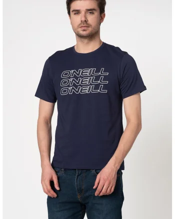 Tricou cu decolteu la baza gatului si logo 3PLE, Alb/Albastru inchis