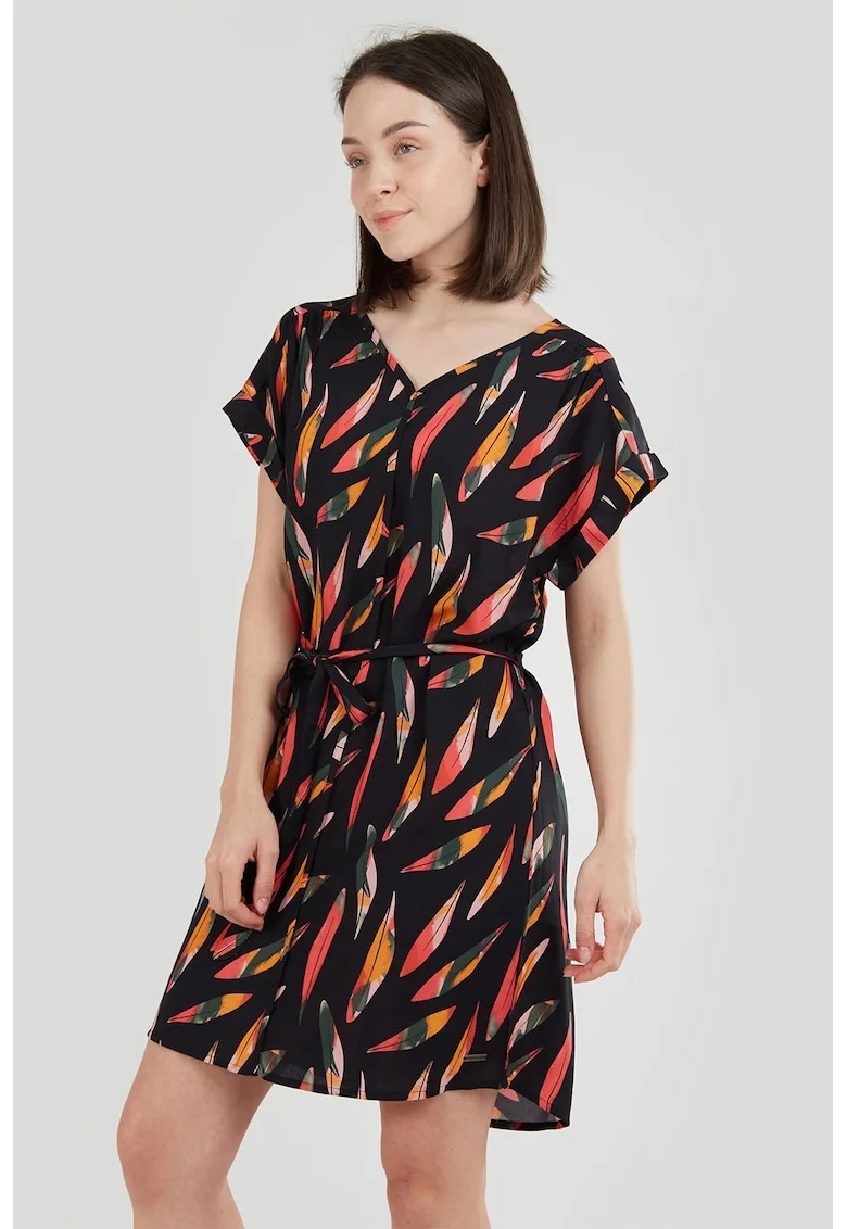Rochie lejera cu decolteu in V si model Palmetta, Negru/Portocaliu/Verde feriga