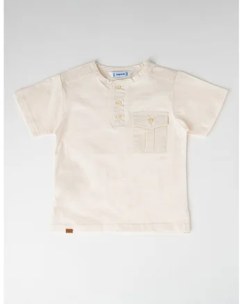 Tricou de bumbac cu fenta cu nasturi, Alb murdar