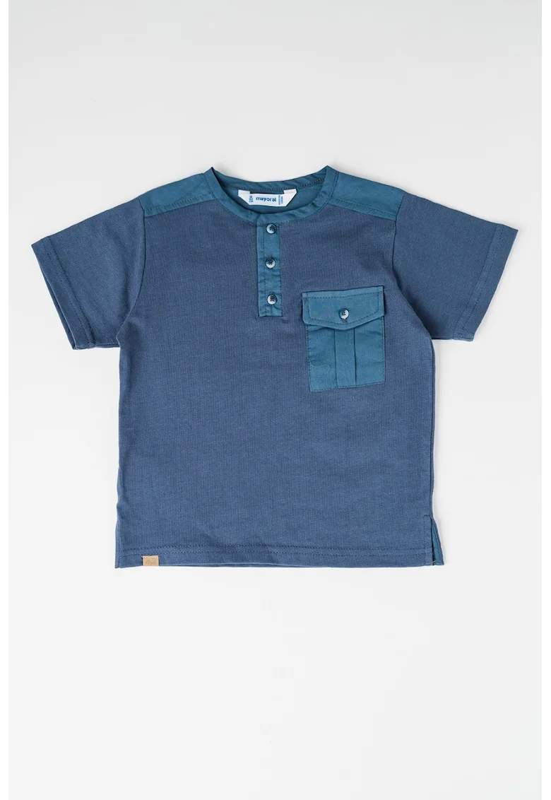 Tricou de bumbac cu fenta cu nasturi, Bleumarin