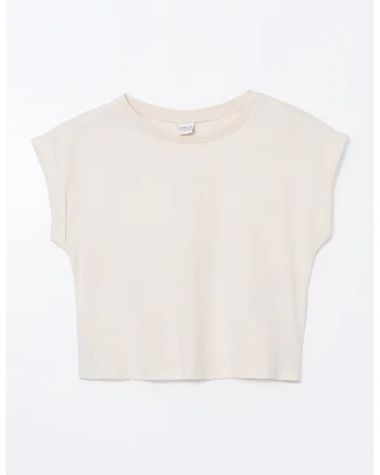 Tricou cu decolteu rotund si maneci rulate, Bej