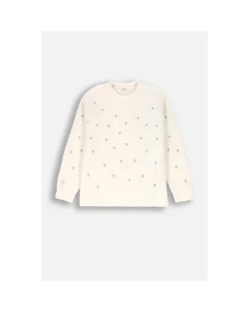 Pulover tricotat cu inimioare brodate, Ecru,