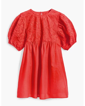 Rochie scurta de bumbac cu maneci bufante, Rosu vermillion