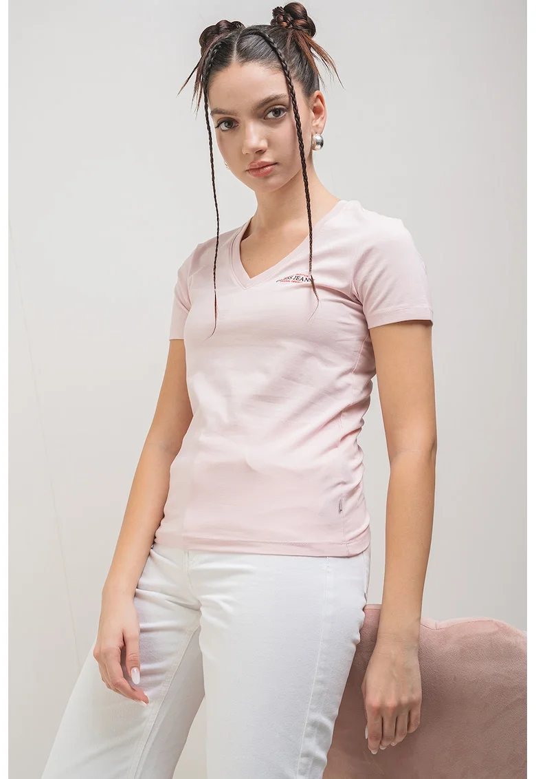 Tricou slim fit cu decolteu in V America, Roz deschis