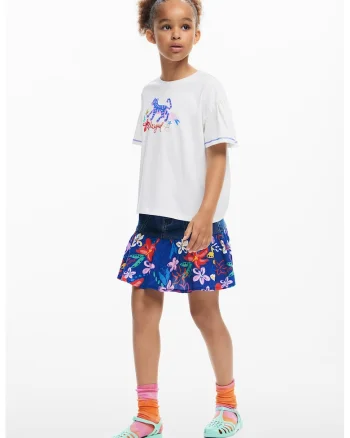 Tricou cu decolteu la baza gatului cu imprimeu, Alb