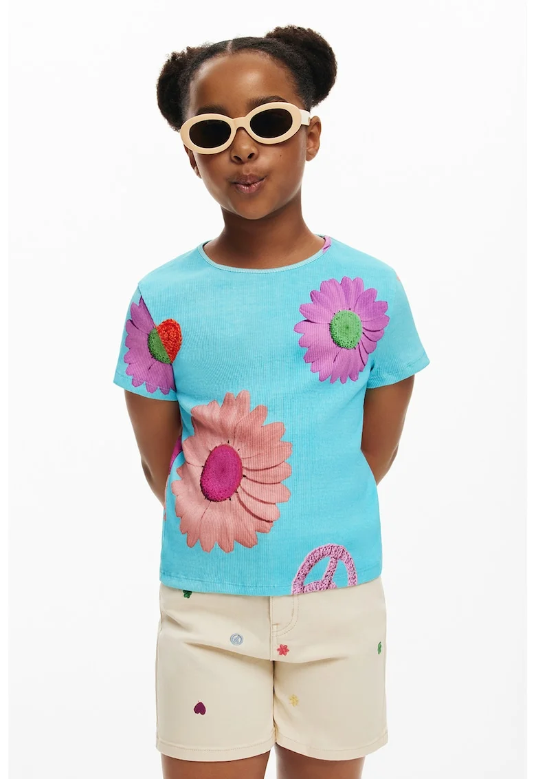 Tricou cu design floral, Albastru pastel/Lila/Verde deschis