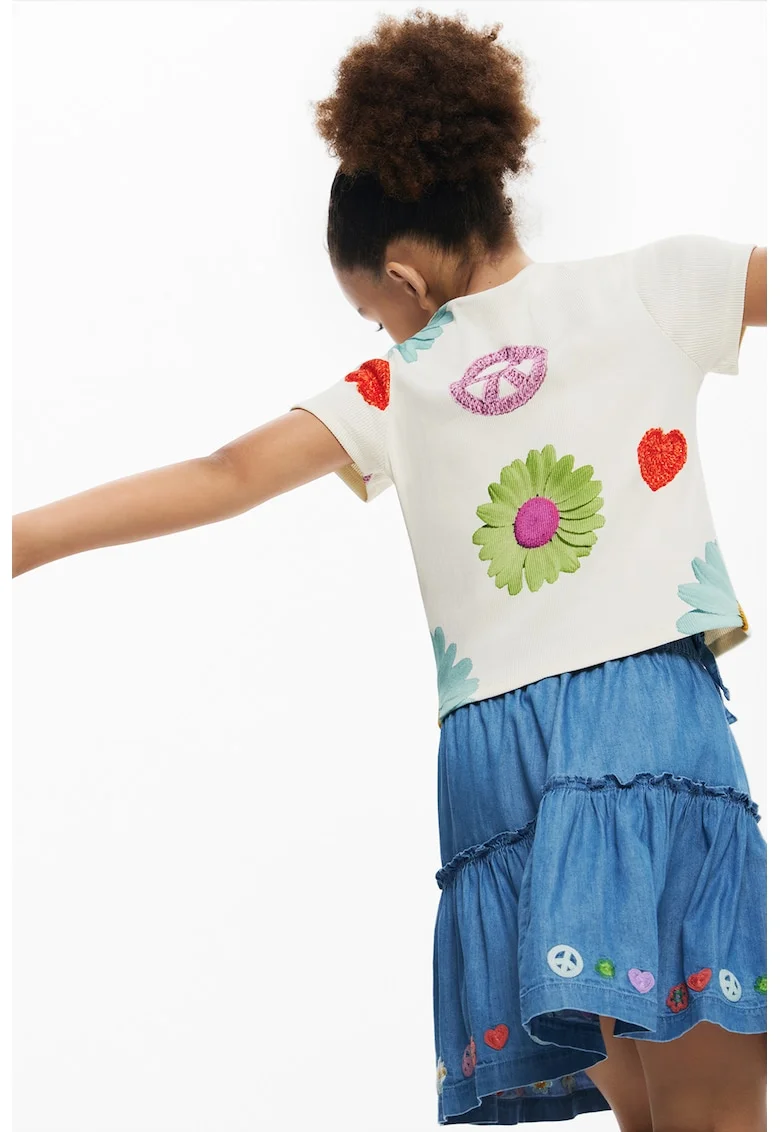 Tricou cu design floral, Alb murdar/Albastru deschis