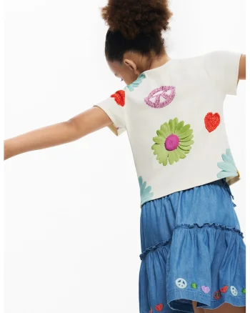 Tricou cu design floral, Alb murdar/Albastru deschis