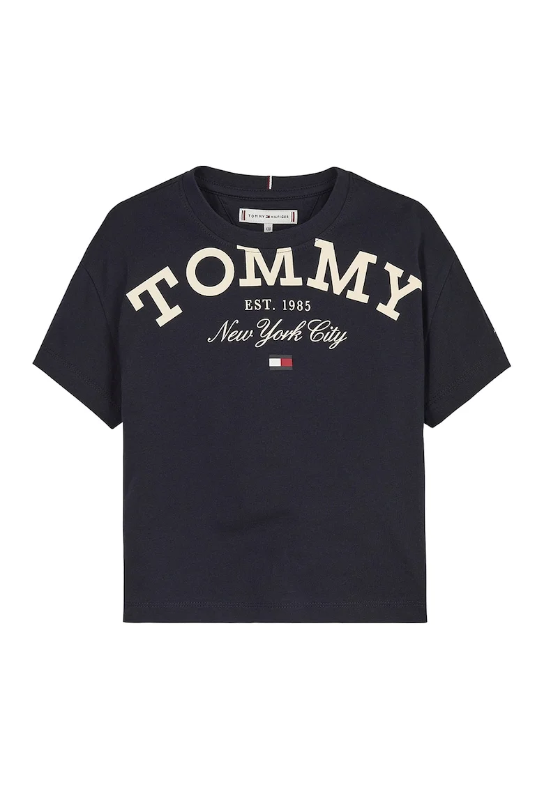 Tricou cu imprimeu logo si decolteu la baza gatului, Bleumarin