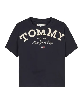 Tricou cu imprimeu logo si decolteu la baza gatului, Bleumarin