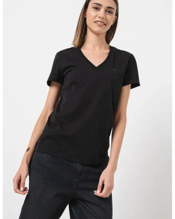 Tricou de bumbac cu decolteu in V, Negru