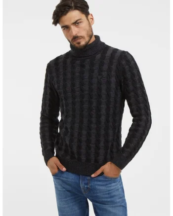 Pulover din amestec de lana cu guler inalt si model in dungi, Negru/Gri inchis
