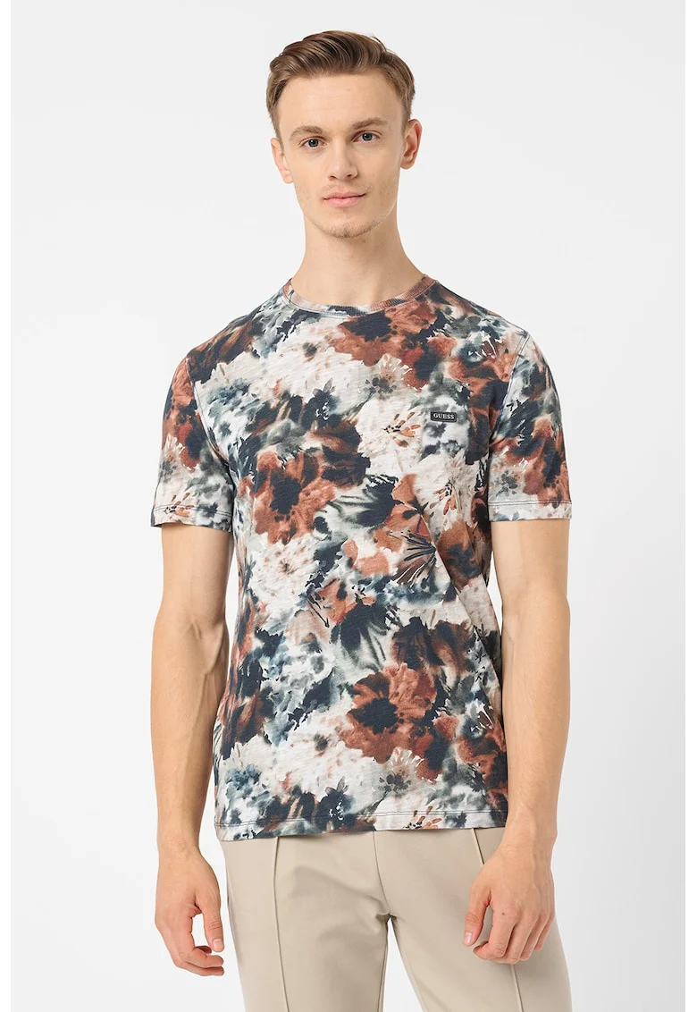 Tricou cu imprimeu abstract si decolteu la baza gatului, Multicolor