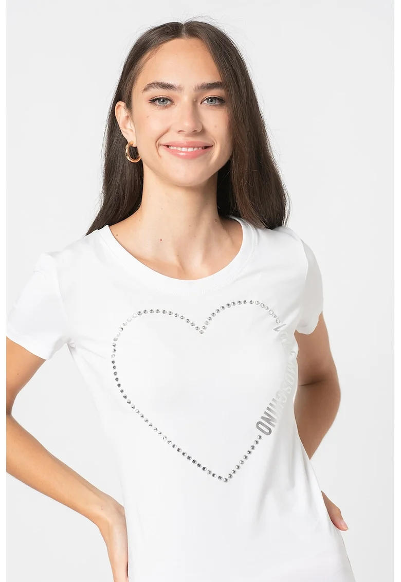 Tricou cu decolteu la baza gatului si aplicatie cu strasuri, Alb optic/Argintiu