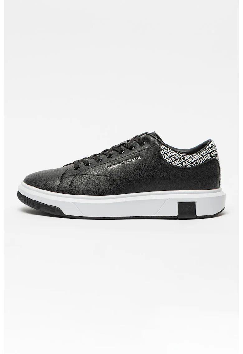 Pantofi sport de piele ecologica cu logo, Alb/Negru