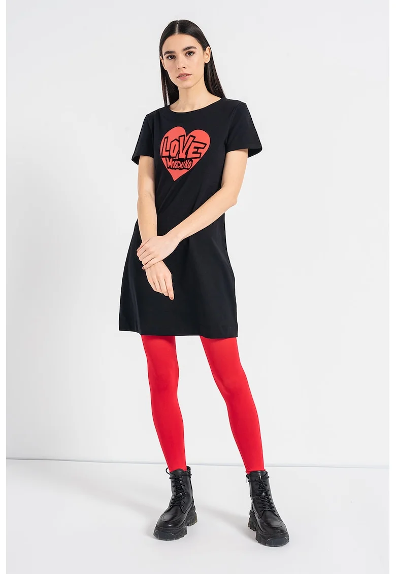 Rochie-tricou cu imprimeu logo, Negru