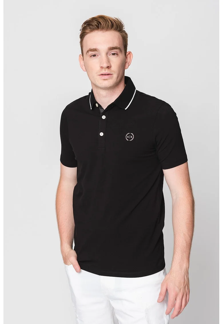 Tricou polo slim fit cu logo pe piept, Negru