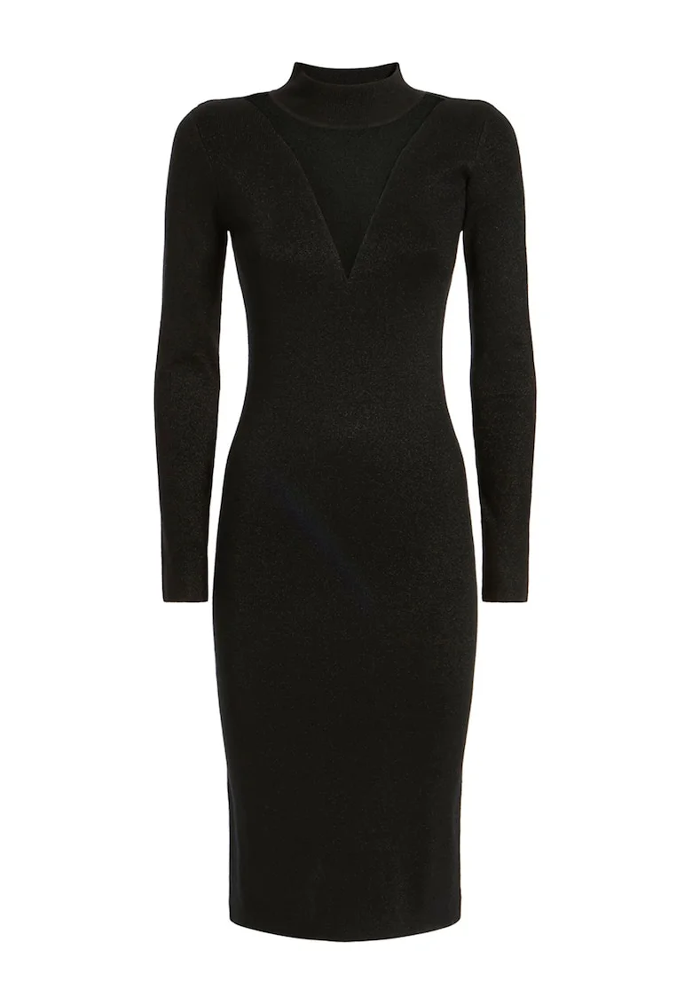 Rochie midi tricotata cu segment transparent, Negru