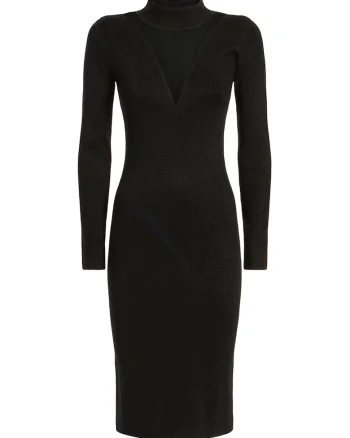 Rochie midi tricotata cu segment transparent, Negru