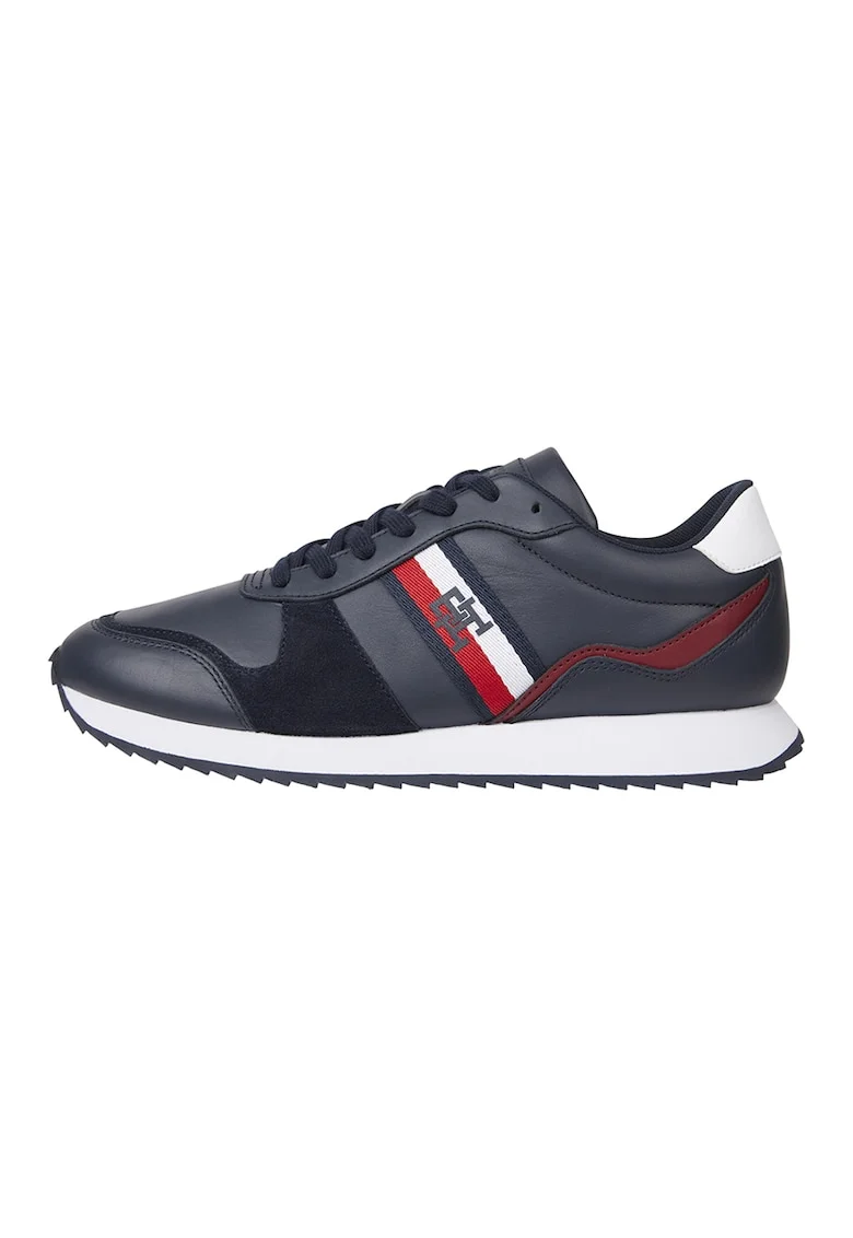 Pantofi sport cu insertii din piele si piele intoarsa, Rosu/Alb/Bleumarin