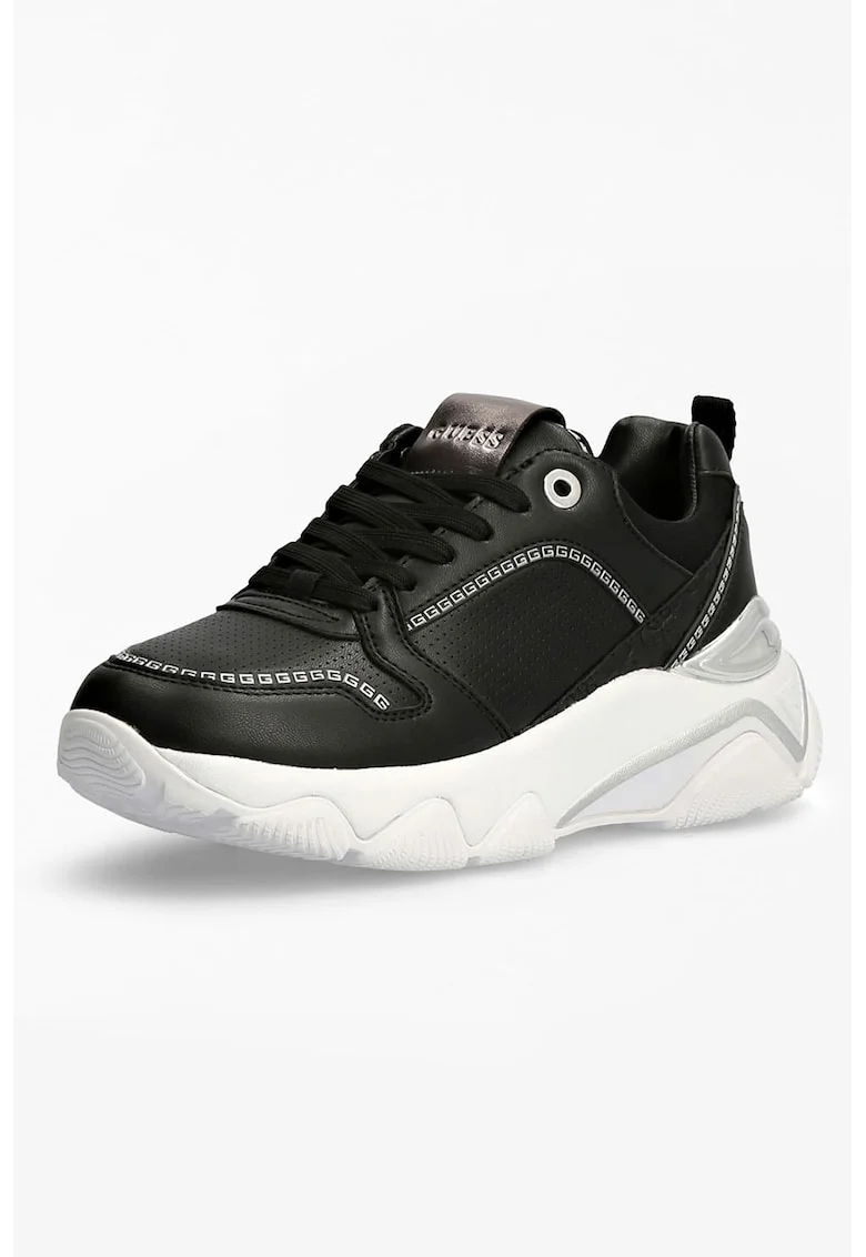 Pantofi sport de piele ecologica cu aspect perforat, Negru